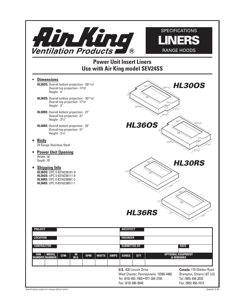 Air King RANGE HOODS LINERS User Manual | 1 page