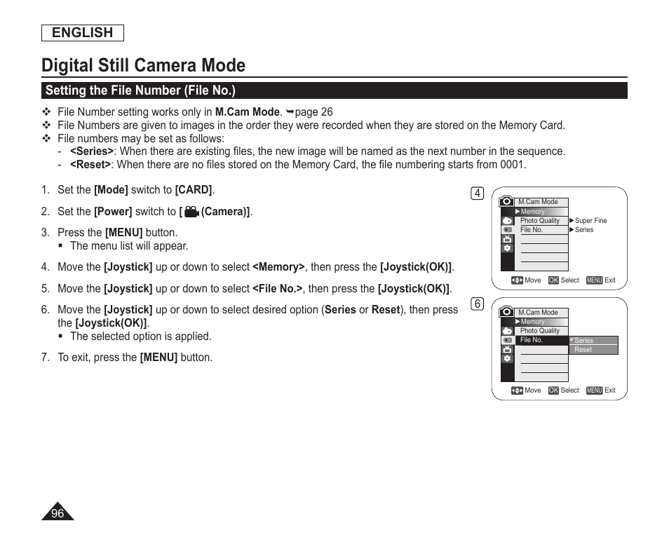 Setting the file number(file no), Digital still camera mode, English | Setting the file number (file no.) | Samsung SC-DC163-XAP User Manual | Page 100 / 136