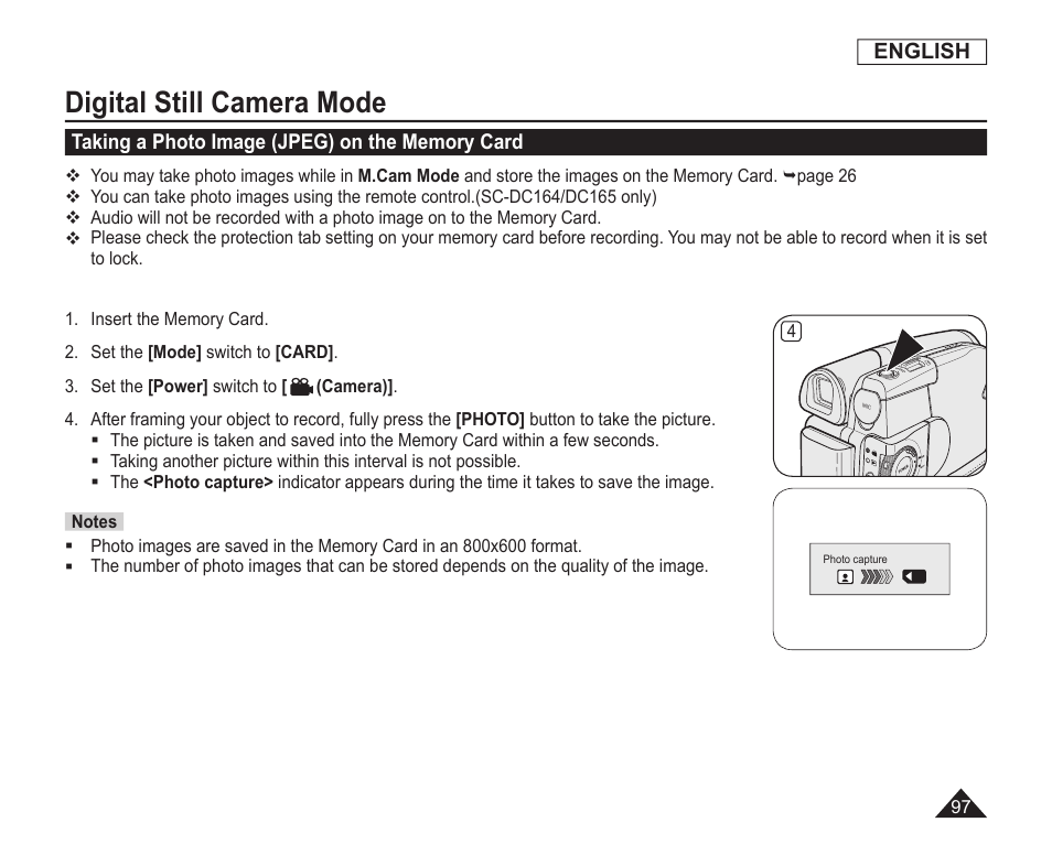 Taking a photo image(jpeg) on the memory card, Digital still camera mode | Samsung SC-DC163-XAP User Manual | Page 101 / 136