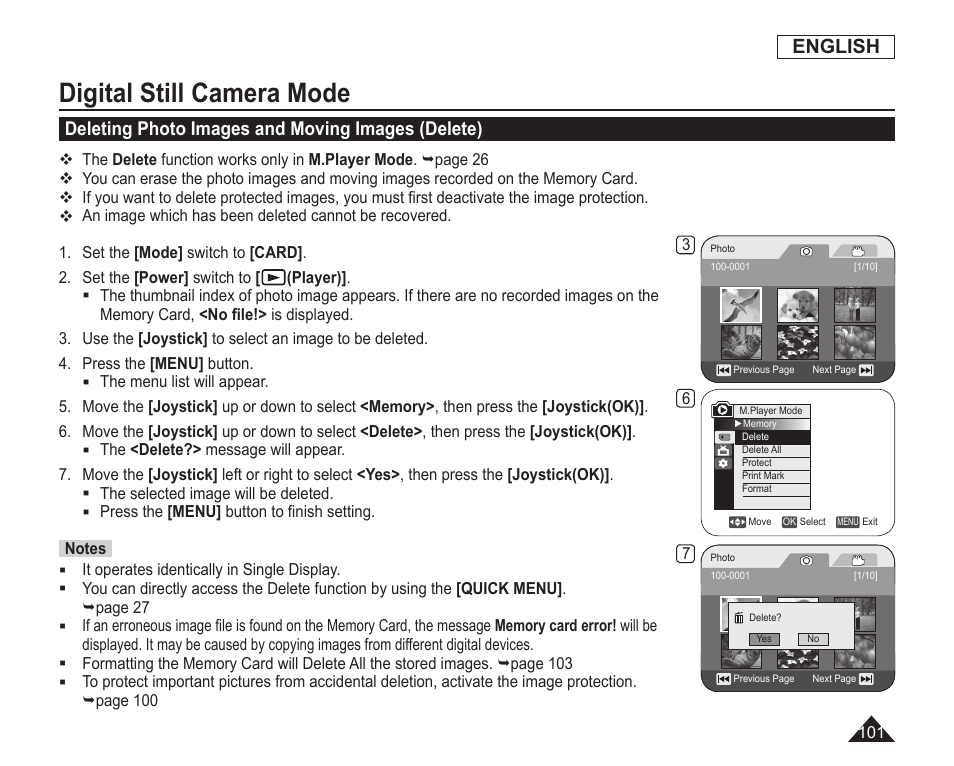 Deleting photo images and moving images(delete), Digital still camera mode, English | Deleting photo images and moving images (delete) | Samsung SC-DC163-XAP User Manual | Page 105 / 136