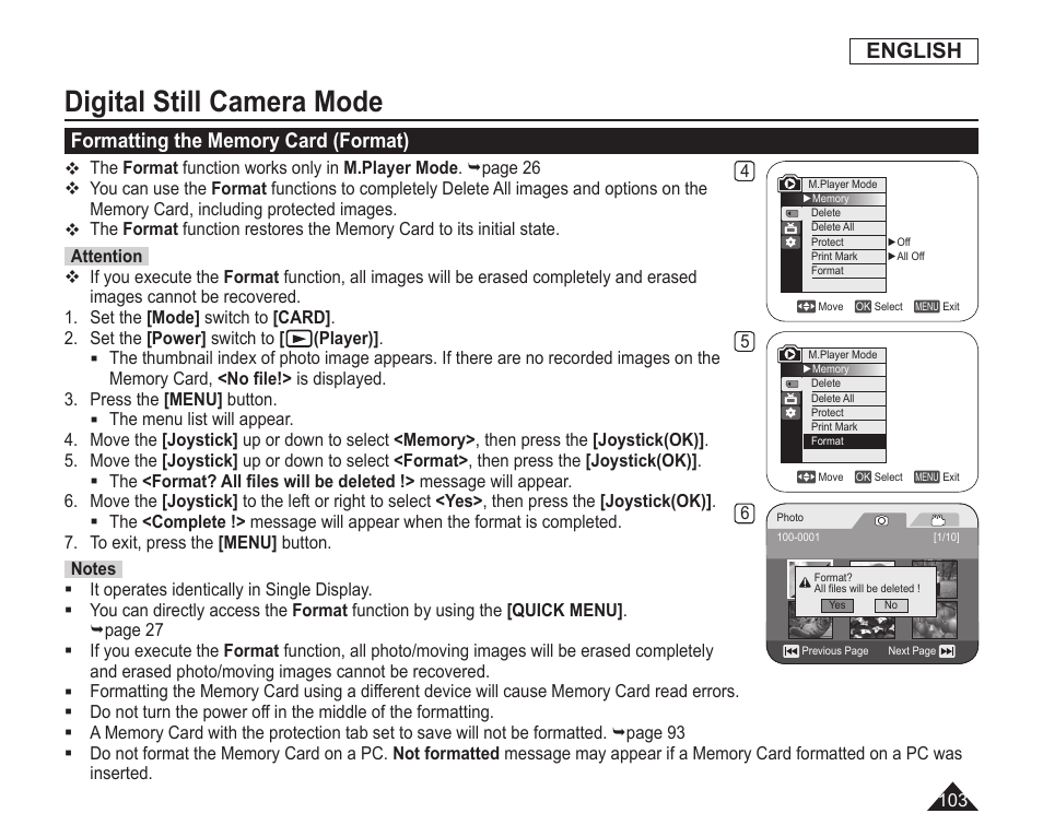 Formatting the memory card(format), Digital still camera mode, English | Samsung SC-DC163-XAP User Manual | Page 107 / 136