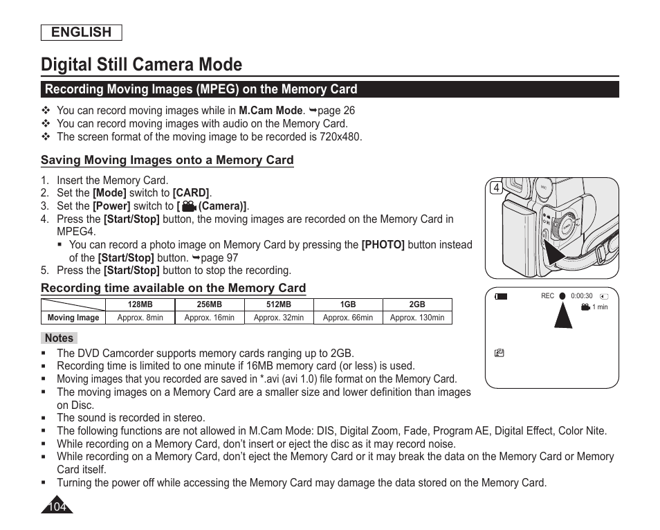 Recording moving images(mpeg) on the memory card, Digital still camera mode, English | Samsung SC-DC163-XAP User Manual | Page 108 / 136