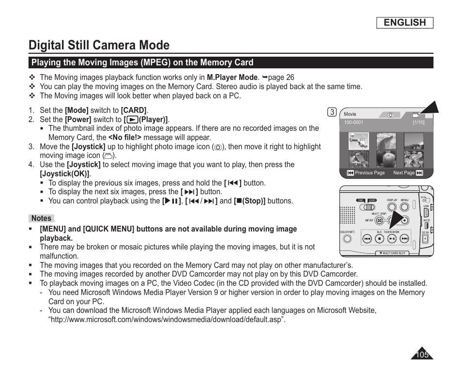 Playing the moving images(mpeg) on the memory card, Digital still camera mode | Samsung SC-DC163-XAP User Manual | Page 109 / 136