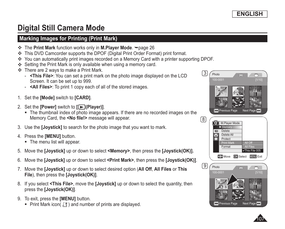 Marking images for printing(print mark), Digital still camera mode, English | Marking images for printing (print mark) | Samsung SC-DC163-XAP User Manual | Page 111 / 136