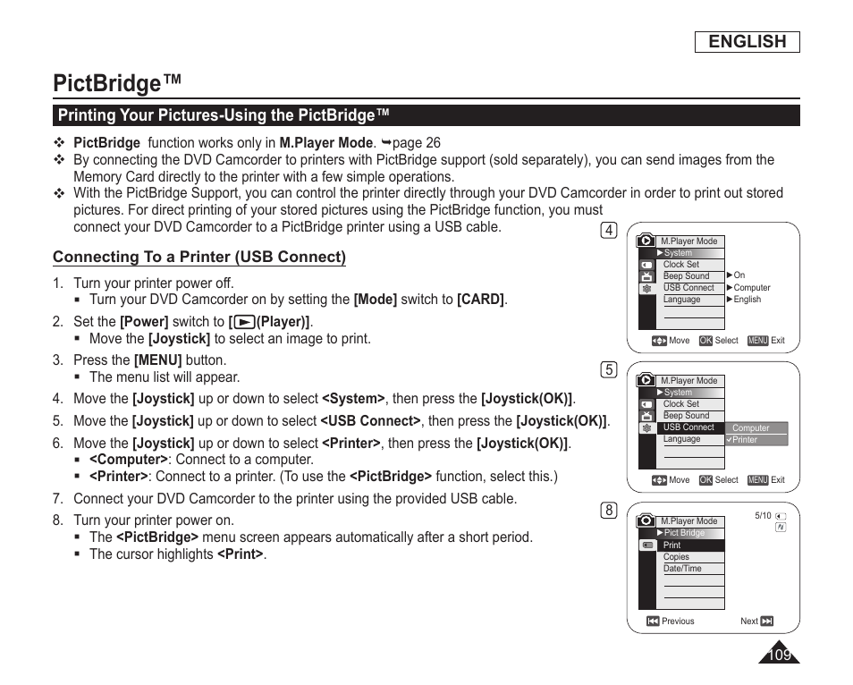 Pictbridge, Printing your pictures-using the pictbridge, Connecting to a printer(usb connect) | English | Samsung SC-DC163-XAP User Manual | Page 113 / 136