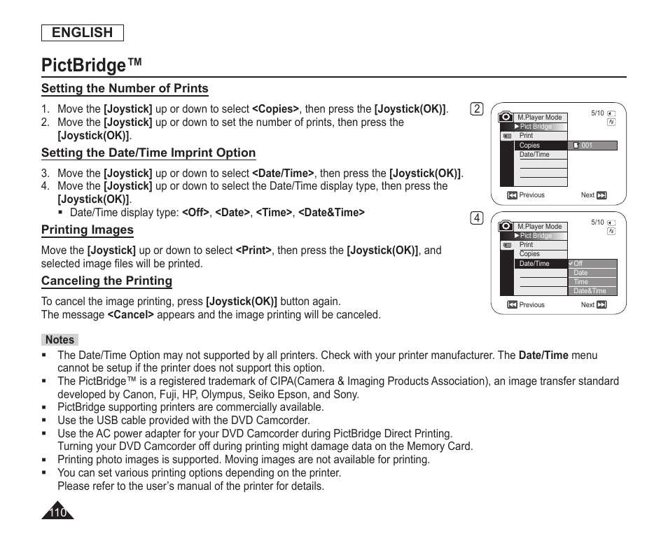 Setting the number of prints, Setting the date/time imprint option, Printing images | Canceling the printing, Pictbridge, English | Samsung SC-DC163-XAP User Manual | Page 114 / 136