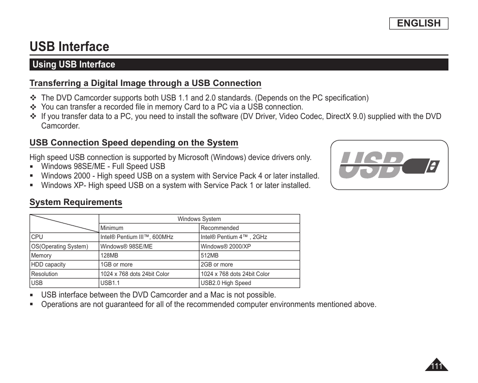 Usb interface, Using usb interface, English | Samsung SC-DC163-XAP User Manual | Page 115 / 136