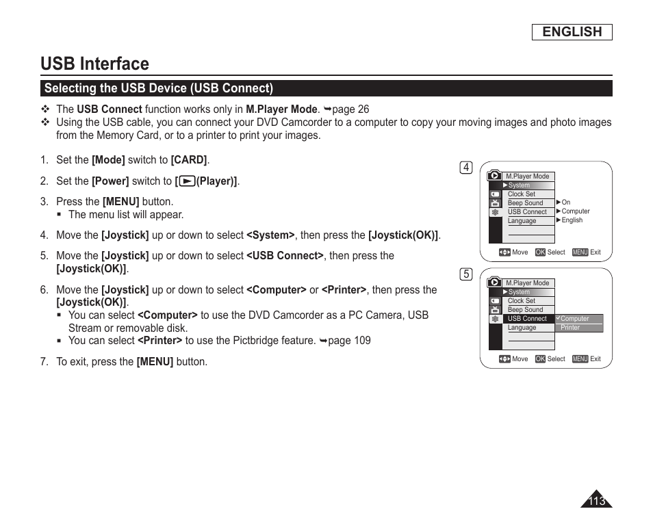 Selecting the usb device(usb connect), Usb interface, English | Selecting the usb device (usb connect) | Samsung SC-DC163-XAP User Manual | Page 117 / 136