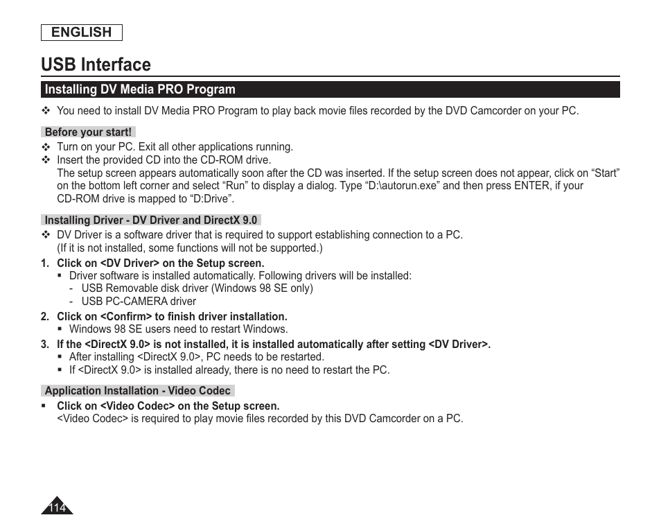 Installing dv media pro program, Usb interface | Samsung SC-DC163-XAP User Manual | Page 118 / 136