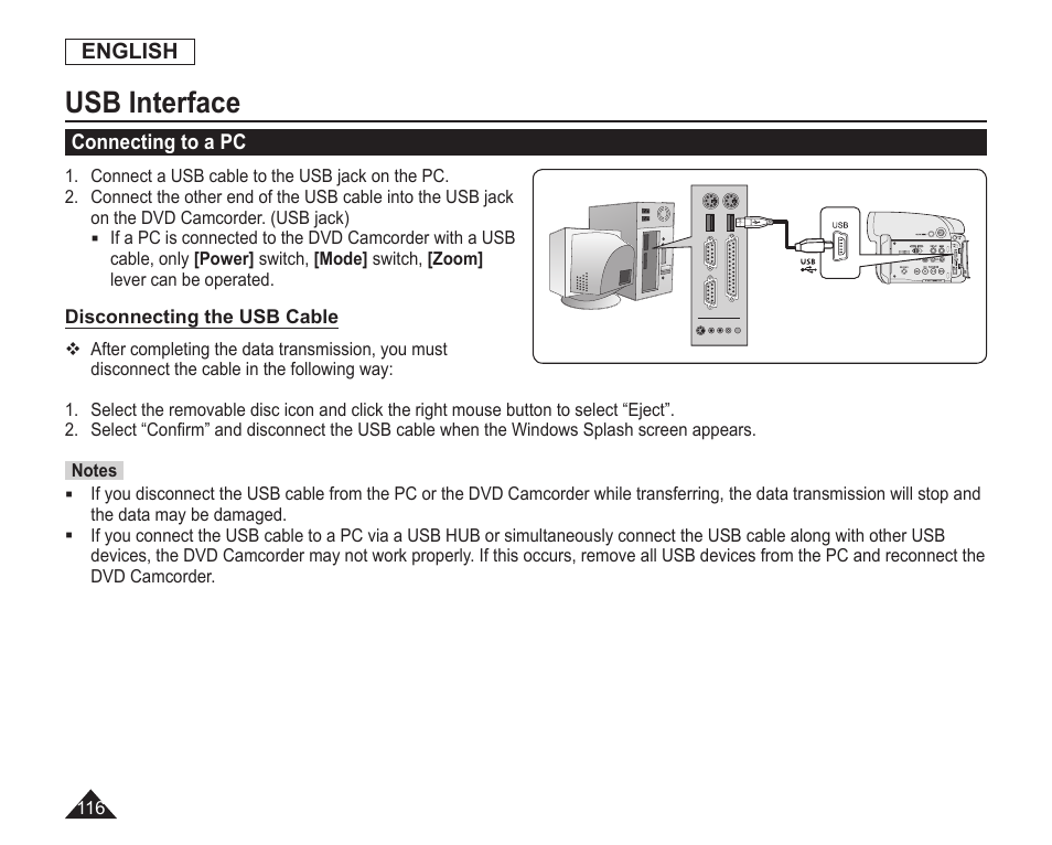 Connecting to a pc, Disconnecting the usb cable, Usb interface | Samsung SC-DC163-XAP User Manual | Page 120 / 136