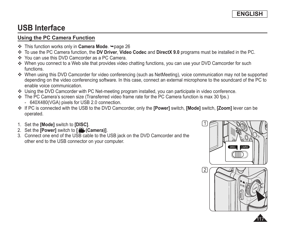 Using the pc camera function, Usb interface | Samsung SC-DC163-XAP User Manual | Page 121 / 136