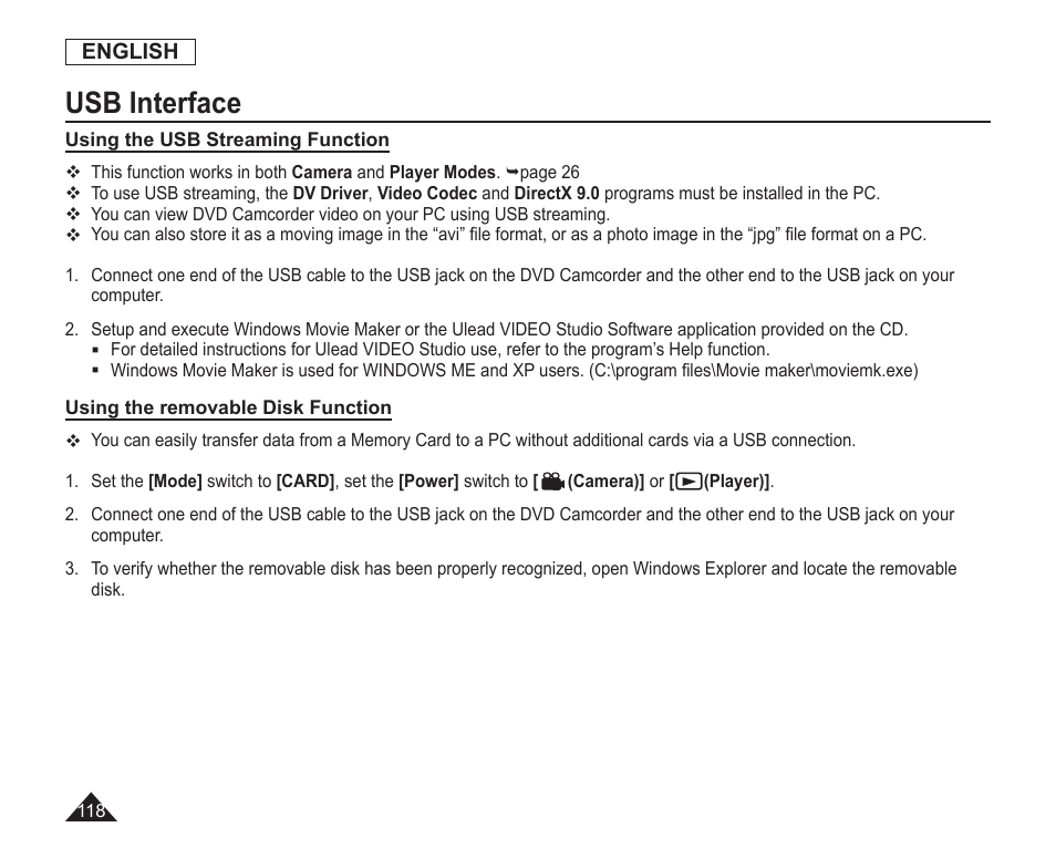 Using the usb streaming function, Using the removable disk function, Usb interface | Samsung SC-DC163-XAP User Manual | Page 122 / 136