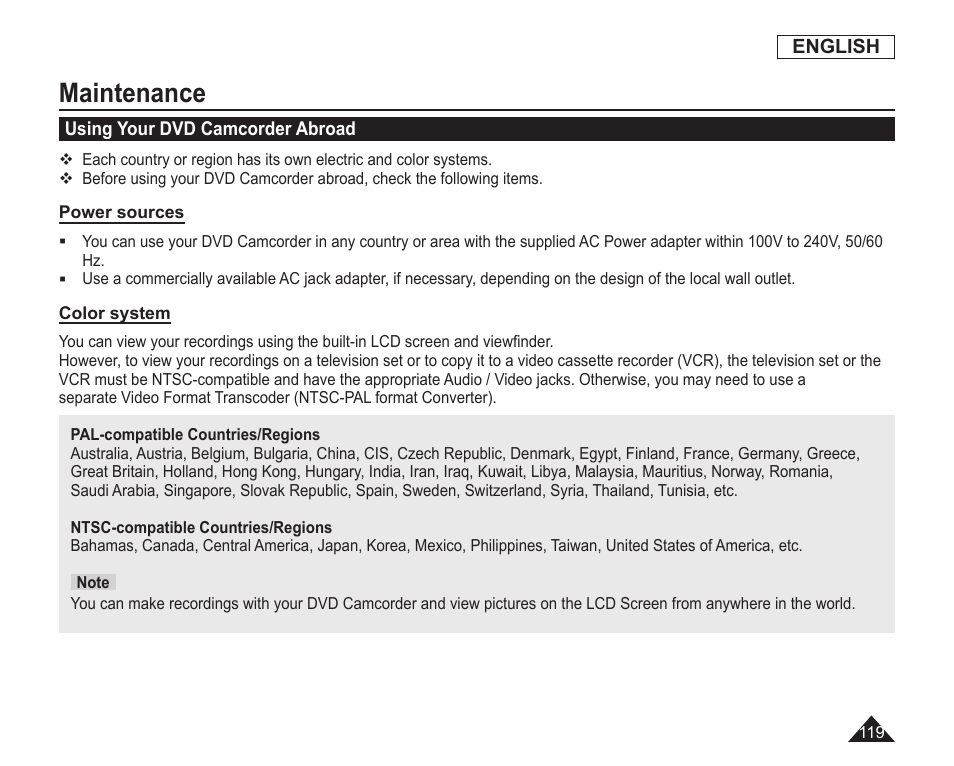 Maintenance, Using your dvd camcorder abroad | Samsung SC-DC163-XAP User Manual | Page 123 / 136