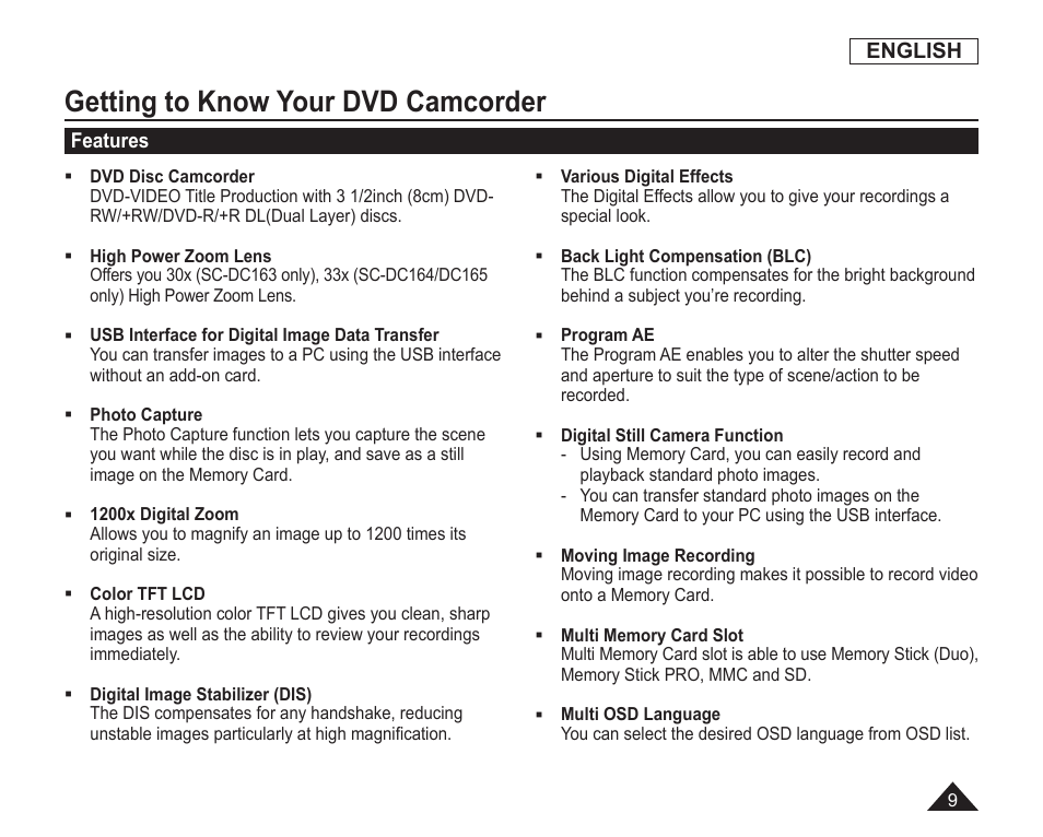 Getting to know your dvd camcorder, Features | Samsung SC-DC163-XAP User Manual | Page 13 / 136