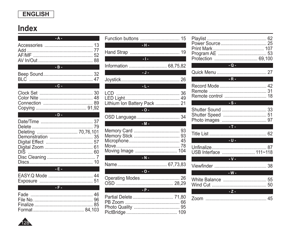 Index, English | Samsung SC-DC163-XAP User Manual | Page 132 / 136