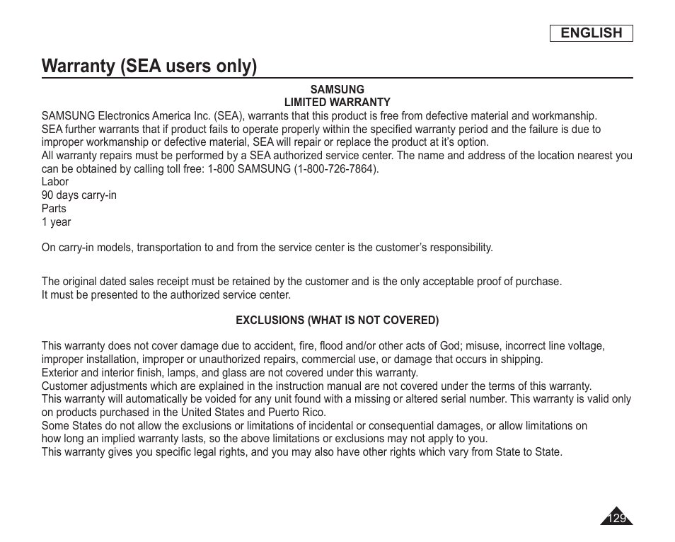 Warranty(sea users only), Warranty (sea users only) | Samsung SC-DC163-XAP User Manual | Page 133 / 136