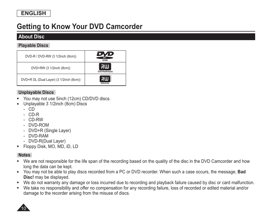 About disc, Getting to know your dvd camcorder | Samsung SC-DC163-XAP User Manual | Page 14 / 136