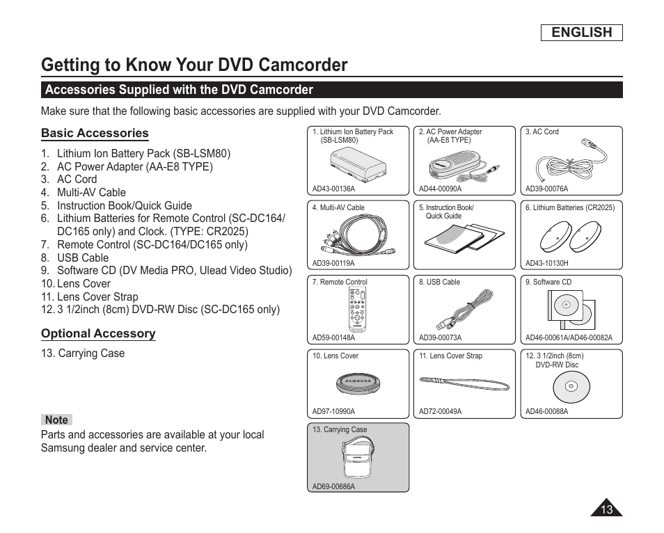 Accessories supplied with the dvd camcorder, Getting to know your dvd camcorder, English | Samsung SC-DC163-XAP User Manual | Page 17 / 136