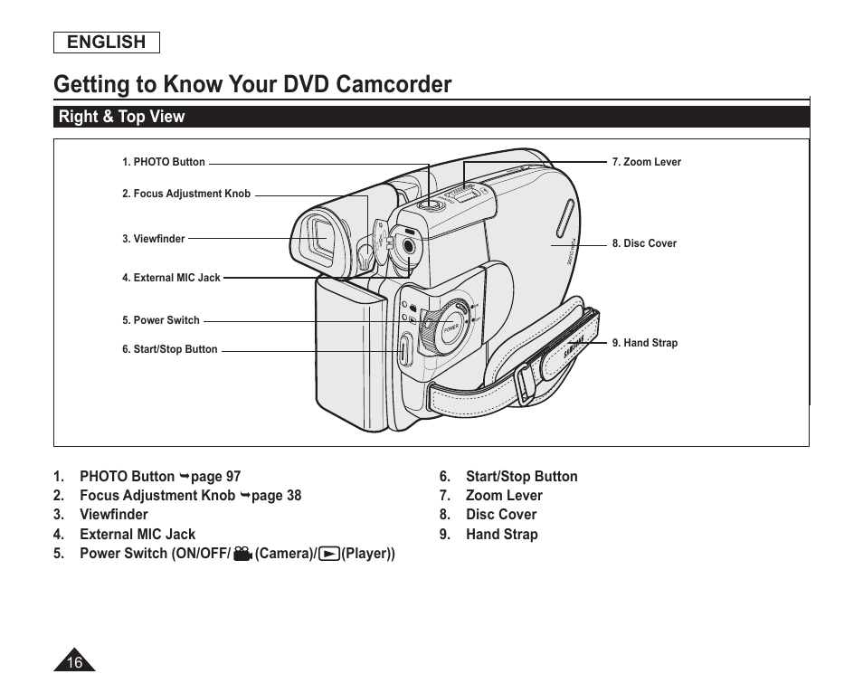 Right & top view, Getting to know your dvd camcorder, English | Samsung SC-DC163-XAP User Manual | Page 20 / 136