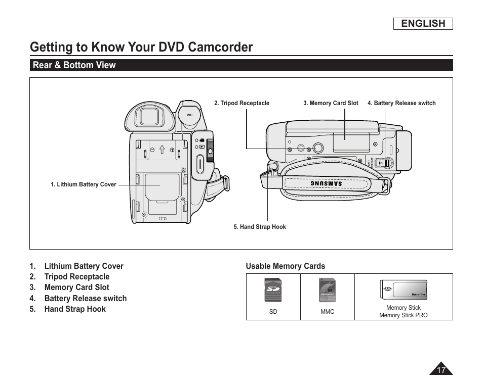 Rear & bottom view, Getting to know your dvd camcorder, English | Samsung SC-DC163-XAP User Manual | Page 21 / 136