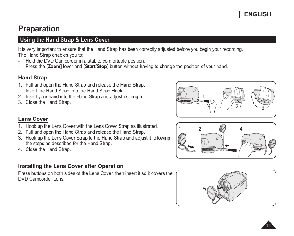 Preparation, Using the hand strap & lens cover | Samsung SC-DC163-XAP User Manual | Page 23 / 136