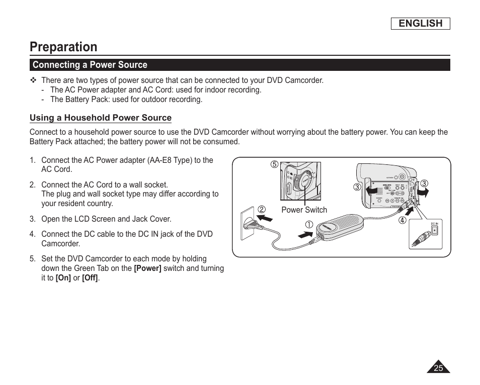 Connecting a power source, Preparation | Samsung SC-DC163-XAP User Manual | Page 29 / 136