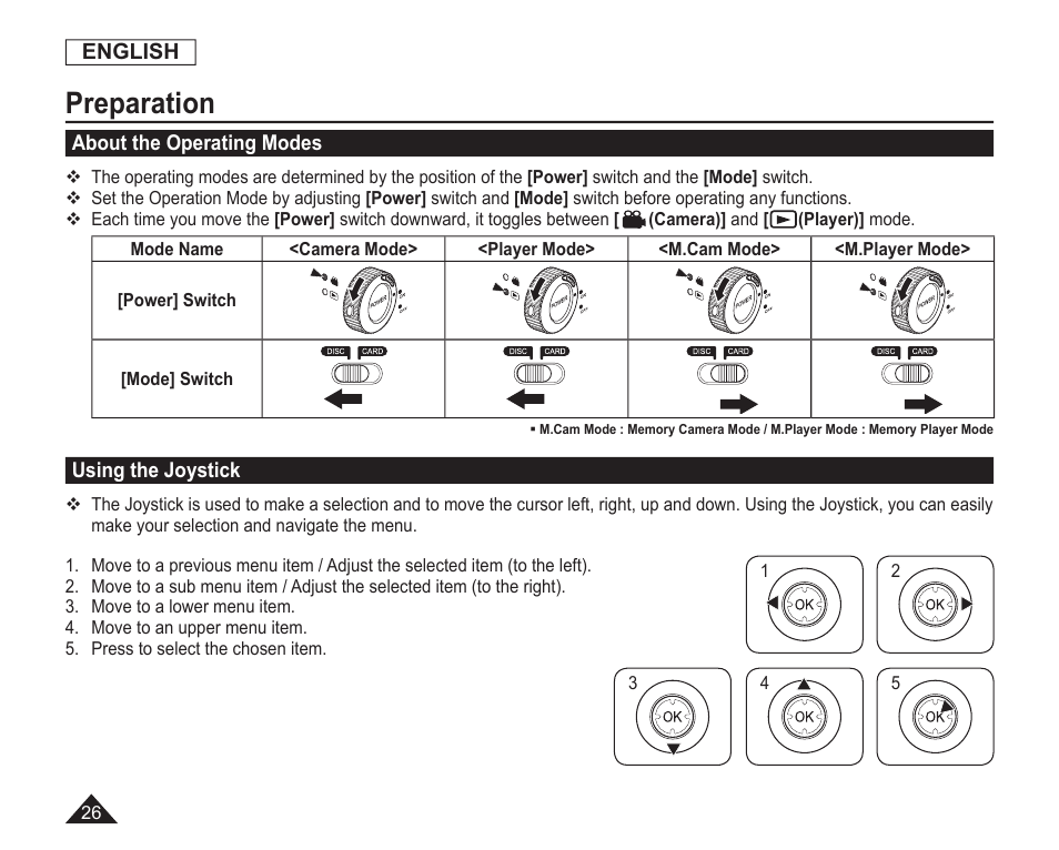 About the operating modes, Using the joystick, Preparation | Samsung SC-DC163-XAP User Manual | Page 30 / 136