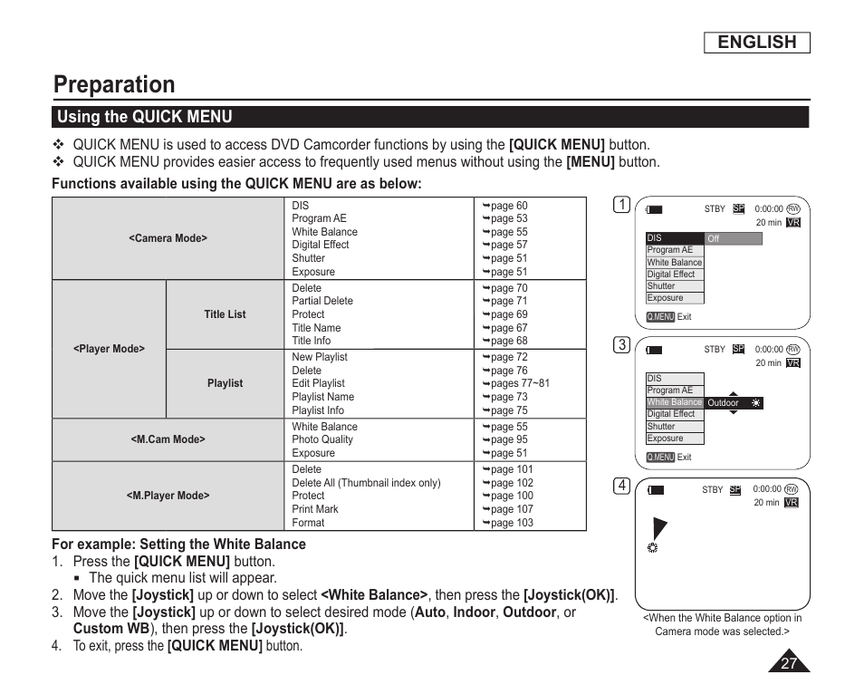 Using the quick menu, Preparation, English | Samsung SC-DC163-XAP User Manual | Page 31 / 136