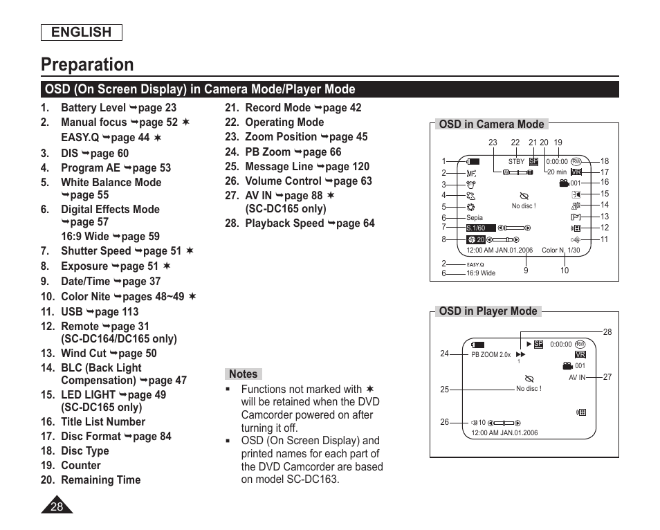 Osd(on screen display) in camera mode/player mode, Preparation, English | Osd (on screen display) in camera mode/player mode | Samsung SC-DC163-XAP User Manual | Page 32 / 136