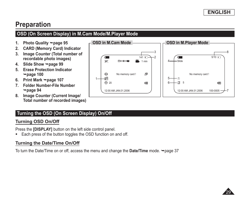 Osd(on screen display) in mcam mode/mplayer mode, Turning the osd(on screen display) on/off, Preparation | English, Turning the osd (on screen display) on/off | Samsung SC-DC163-XAP User Manual | Page 33 / 136