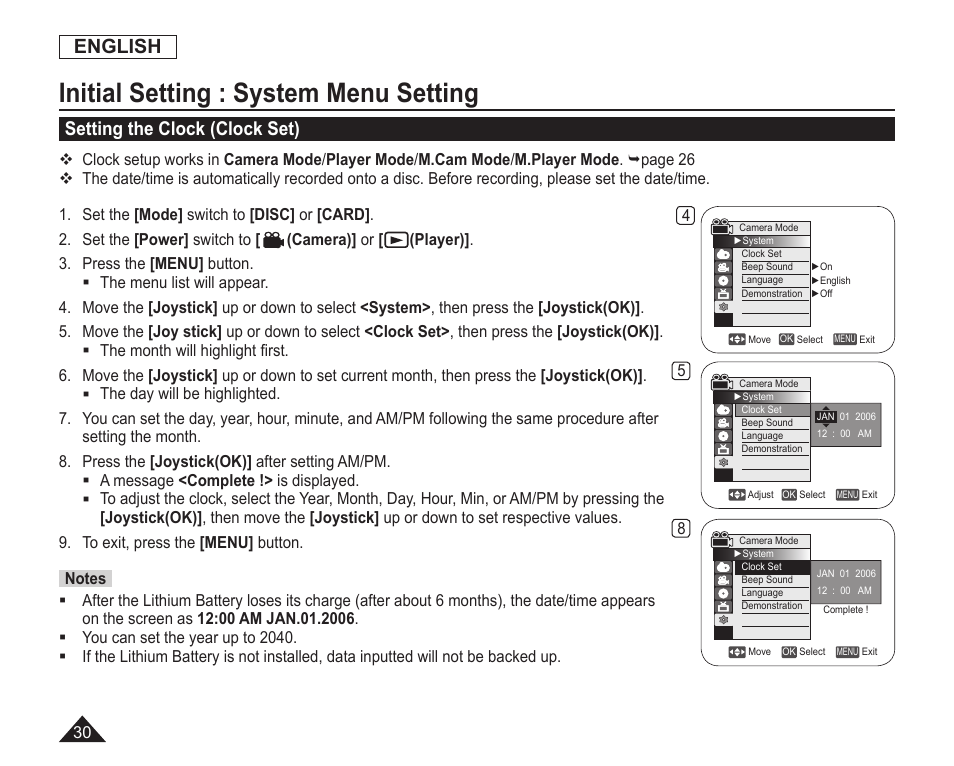 Initial setting:system menu setting, Setting the clock(clock set), Initial setting : system menu setting | English, Setting the clock (clock set) | Samsung SC-DC163-XAP User Manual | Page 34 / 136