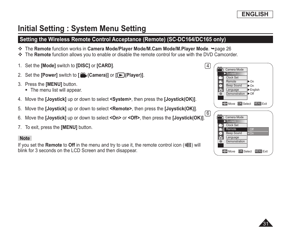 Initial setting : system menu setting, English | Samsung SC-DC163-XAP User Manual | Page 35 / 136