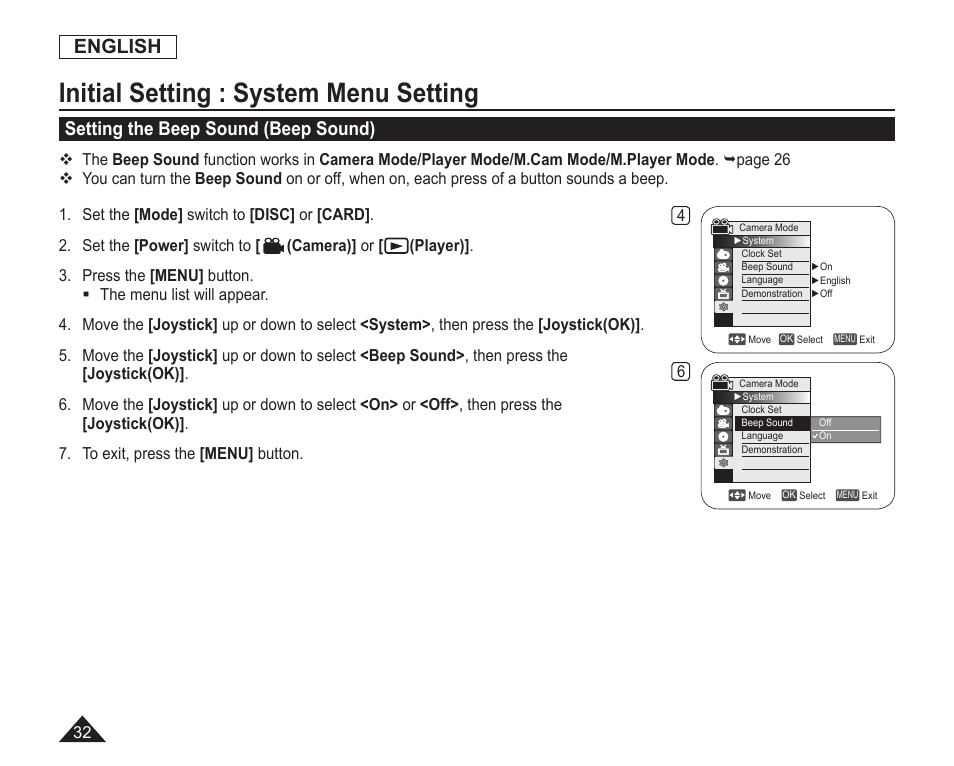 Setting the beep sound(beep sound), Initial setting : system menu setting, English | Setting the beep sound (beep sound) | Samsung SC-DC163-XAP User Manual | Page 36 / 136