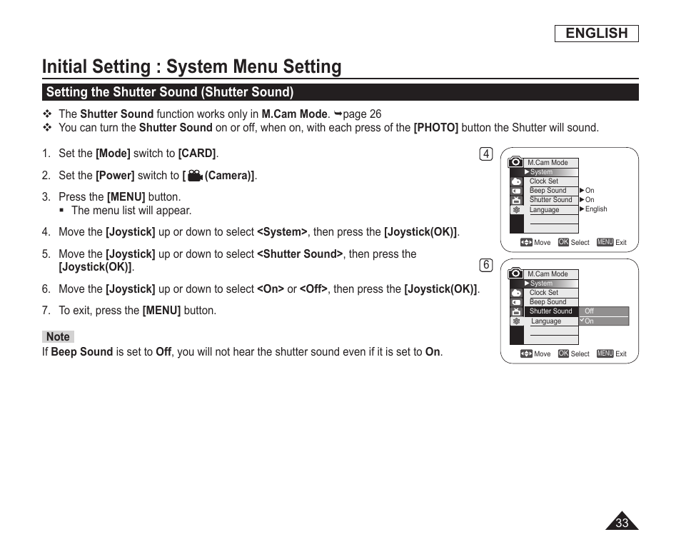 Setting the shutter sound(shutter sound), Initial setting : system menu setting, English | Setting the shutter sound (shutter sound) | Samsung SC-DC163-XAP User Manual | Page 37 / 136