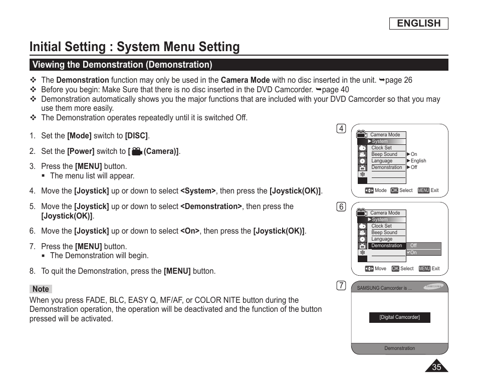 Viewing the demonstration(demonstration), Initial setting : system menu setting, English | Viewing the demonstration (demonstration) | Samsung SC-DC163-XAP User Manual | Page 39 / 136