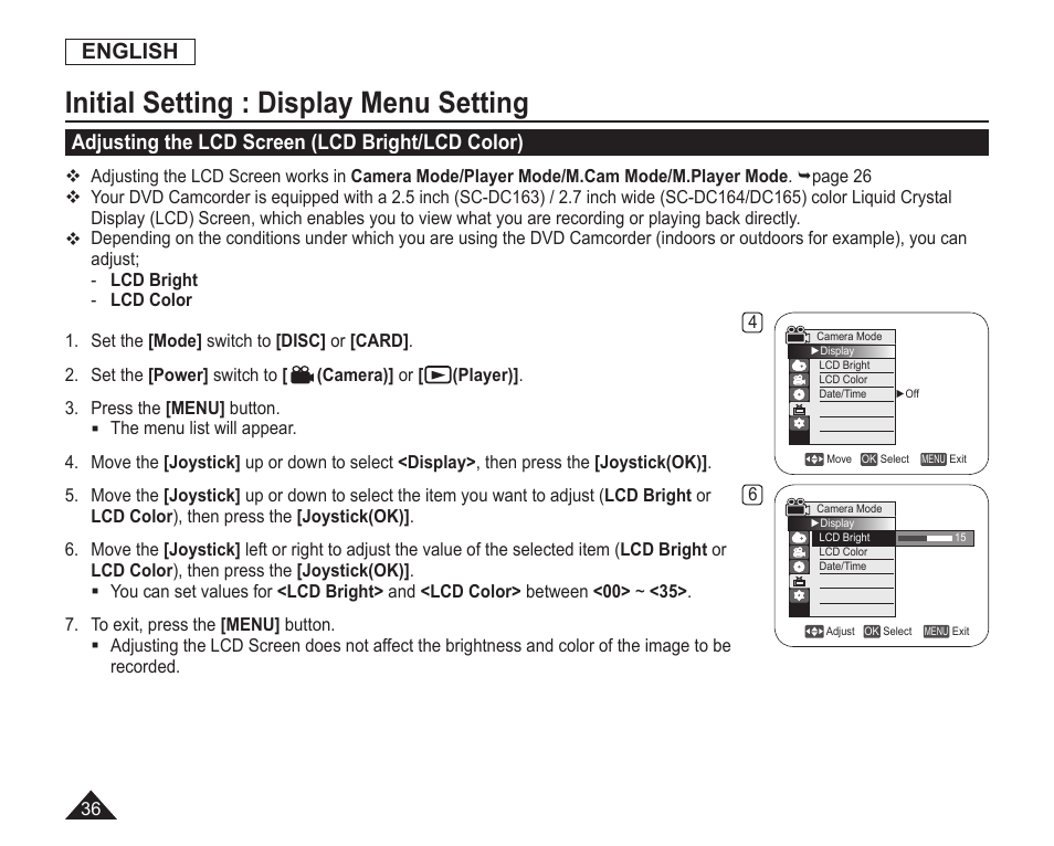 Initial setting:display menu setting, Adjusting the lcd screen(lcd bright/lcd color), Initial setting : display menu setting | English, Adjusting the lcd screen (lcd bright/lcd color) | Samsung SC-DC163-XAP User Manual | Page 40 / 136