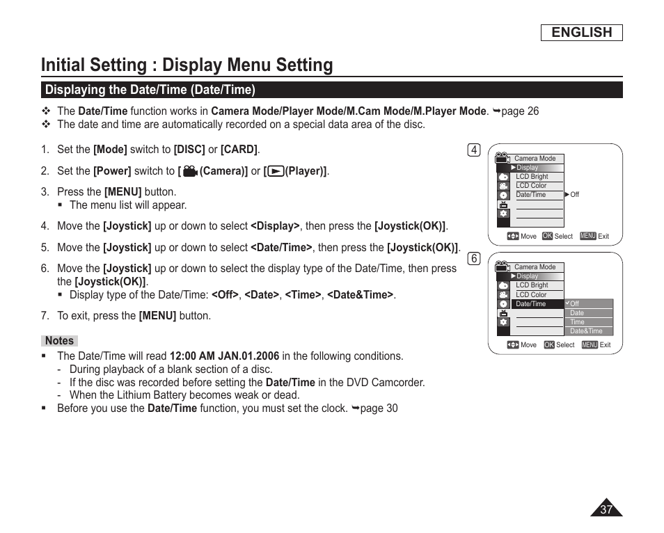 Displaying the date/time(date/time), Initial setting : display menu setting, English | Displaying the date/time (date/time) | Samsung SC-DC163-XAP User Manual | Page 41 / 136