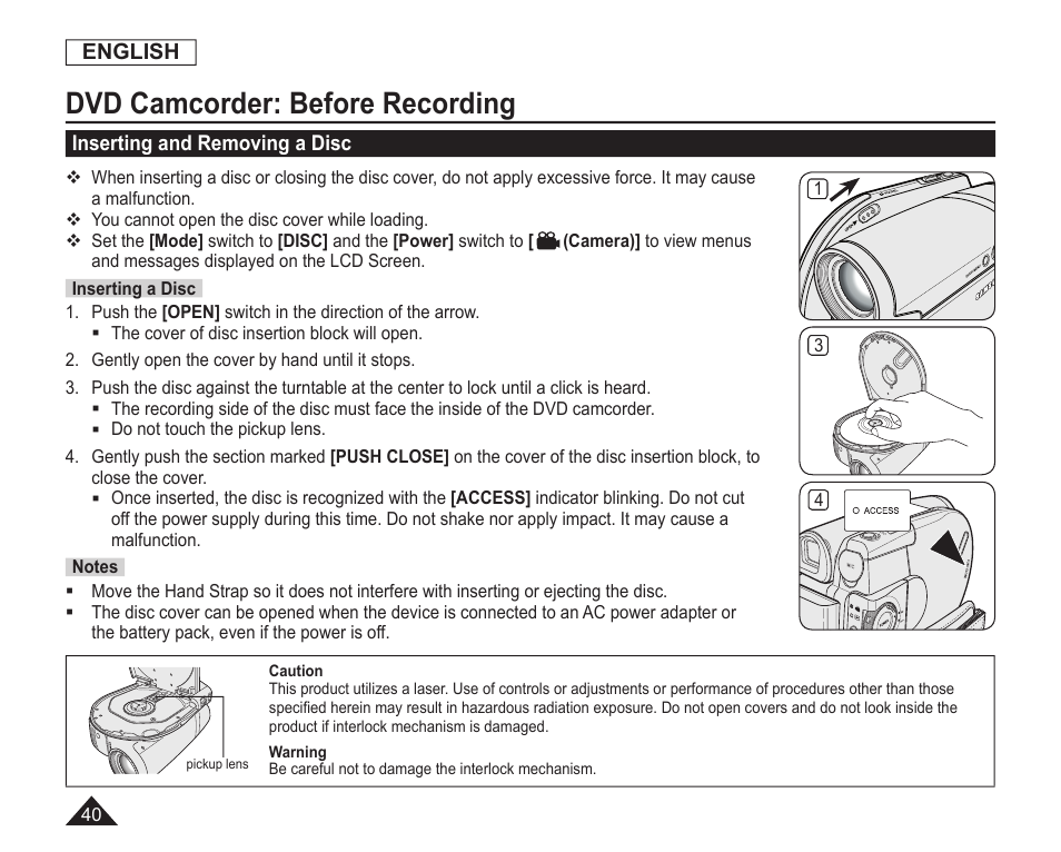 Inserting and removing a disc, Dvd camcorder: before recording | Samsung SC-DC163-XAP User Manual | Page 44 / 136