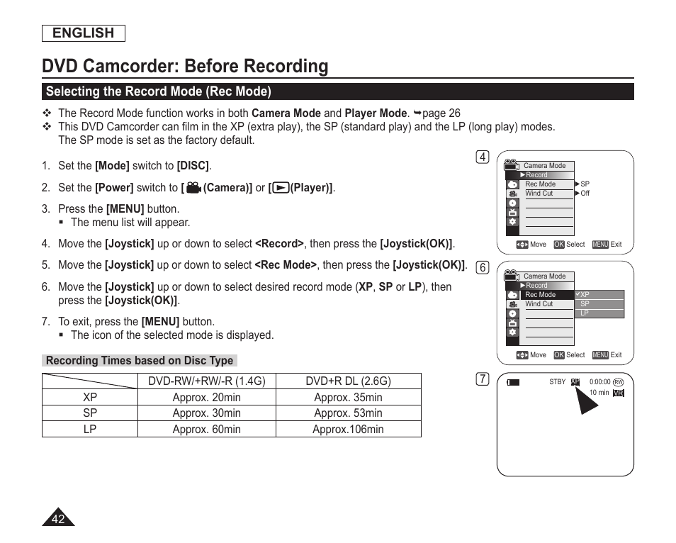 Selecting the record mode(rec mode), Dvd camcorder: before recording, English | Selecting the record mode (rec mode) | Samsung SC-DC163-XAP User Manual | Page 46 / 136