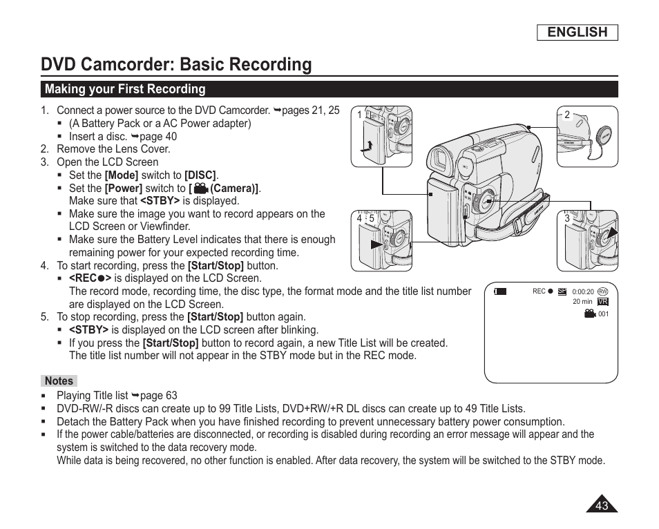 Dvd camcorder:basic recording, Making your first recording, Dvd camcorder: basic recording | English | Samsung SC-DC163-XAP User Manual | Page 47 / 136