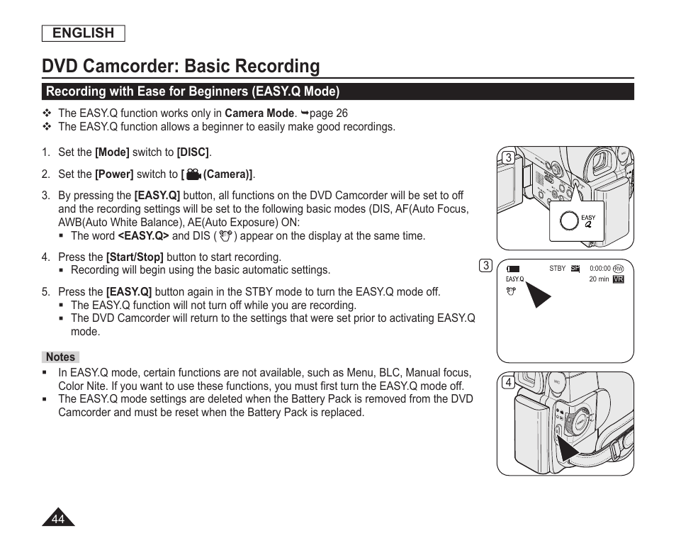 Recording with ease for beginners(easyq mode), Dvd camcorder: basic recording | Samsung SC-DC163-XAP User Manual | Page 48 / 136