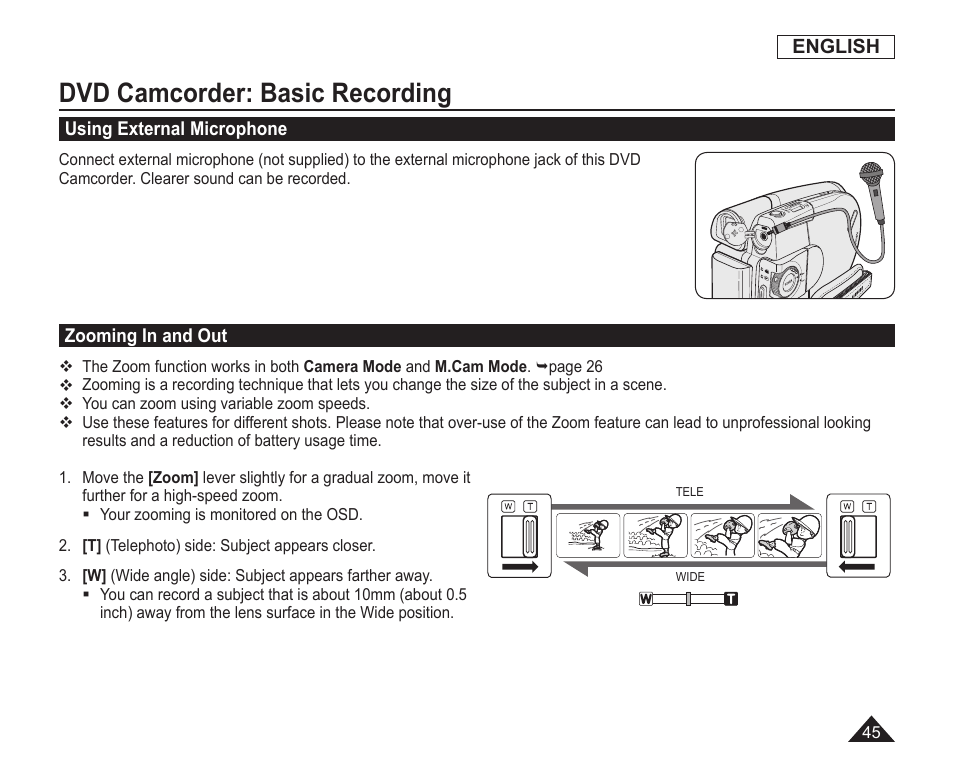 Using external microphone, Zooming in and out, Dvd camcorder: basic recording | Samsung SC-DC163-XAP User Manual | Page 49 / 136