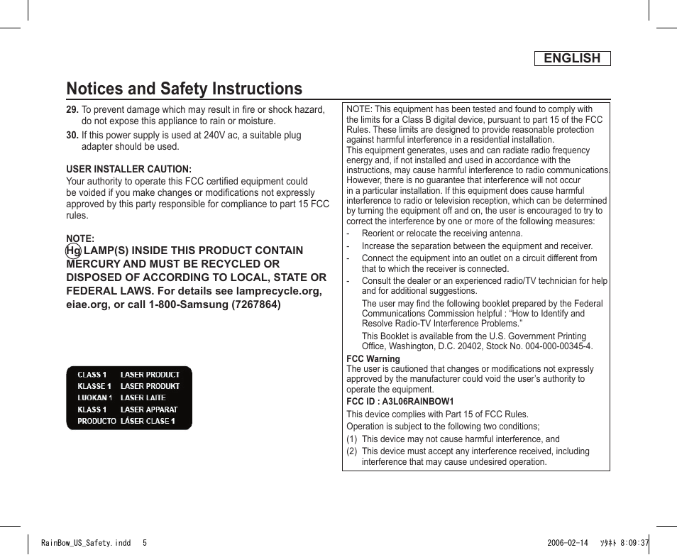 Notices and safety instructions, English | Samsung SC-DC163-XAP User Manual | Page 5 / 136