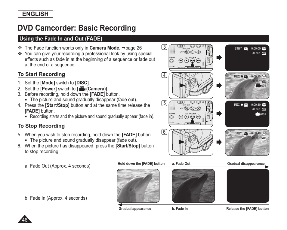 Using the fade in and out(fade), Dvd camcorder: basic recording, English | Using the fade in and out (fade) | Samsung SC-DC163-XAP User Manual | Page 50 / 136