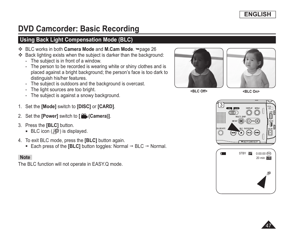 Using back light compensation mode(blc), Dvd camcorder: basic recording, English | Using back light compensation mode (blc) | Samsung SC-DC163-XAP User Manual | Page 51 / 136