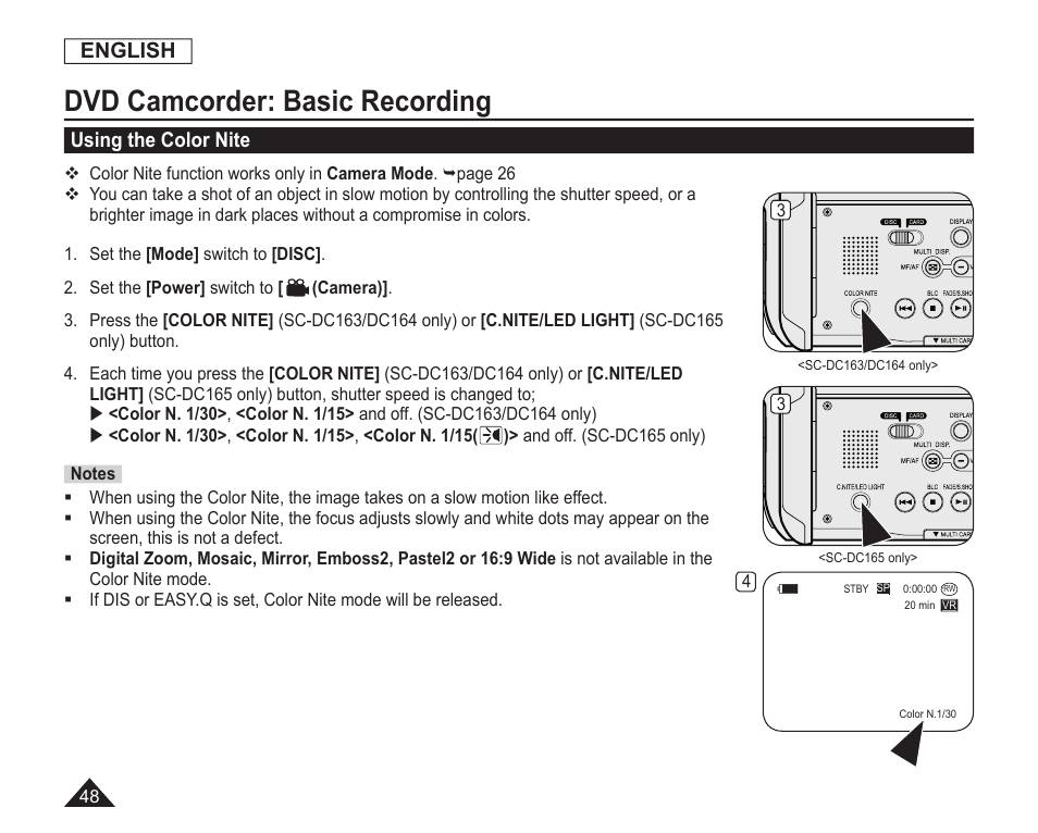 Using the color nite, Dvd camcorder: basic recording, English | Samsung SC-DC163-XAP User Manual | Page 52 / 136