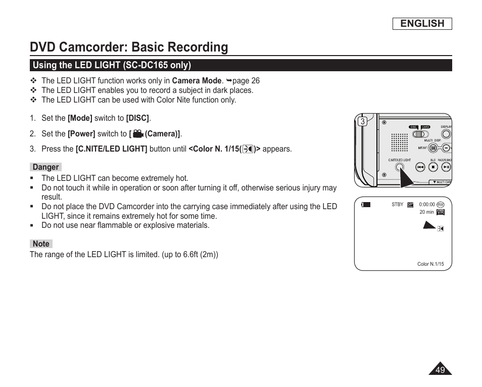 Using the led light(sc-dc165 only), Dvd camcorder: basic recording, English | Using the led light (sc-dc165 only) | Samsung SC-DC163-XAP User Manual | Page 53 / 136