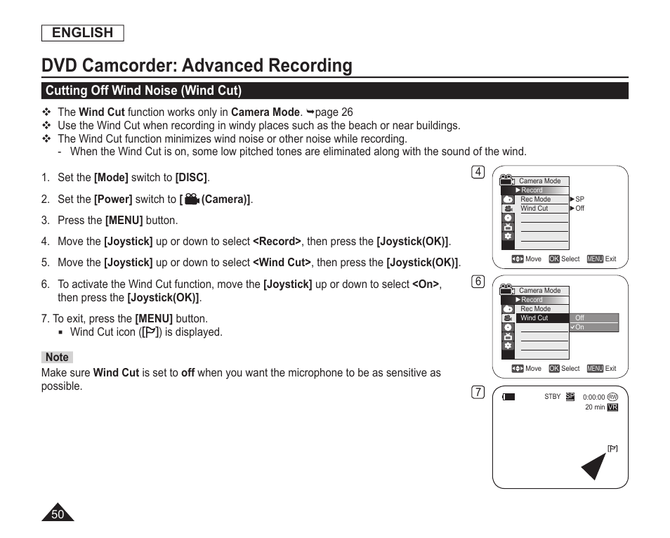 Dvd camcorder:advanced recording, Cutting off wind noise(wind cut), Dvd camcorder: advanced recording | English, Cutting off wind noise (wind cut) | Samsung SC-DC163-XAP User Manual | Page 54 / 136