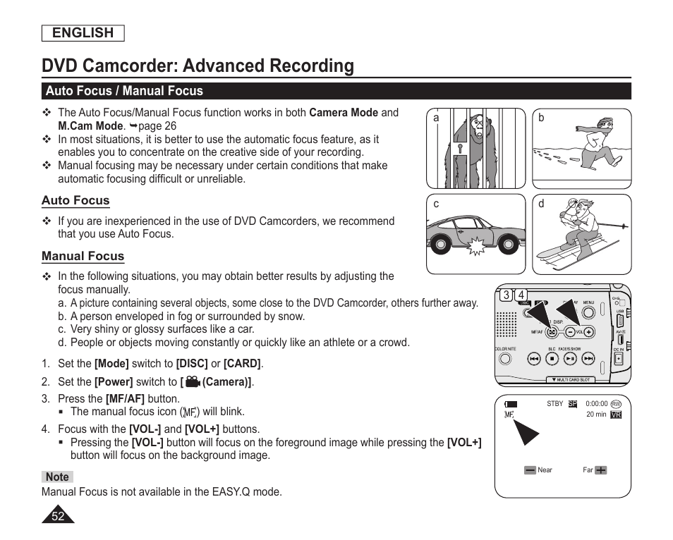 Auto focus / manual focus, Dvd camcorder: advanced recording, English | Samsung SC-DC163-XAP User Manual | Page 56 / 136