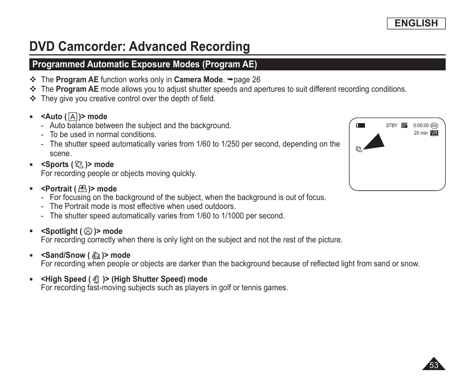 Programmed automatic exposure modes(program ae), Dvd camcorder: advanced recording | Samsung SC-DC163-XAP User Manual | Page 57 / 136